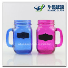 450ml Blue and Rose Color Glass Mason Drinking Jars with Handle